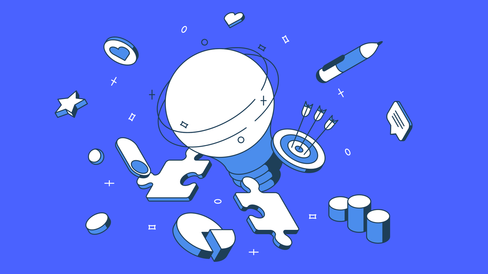An illustration of SEO concepts including a lightbulb, target, and puzzle pieces.